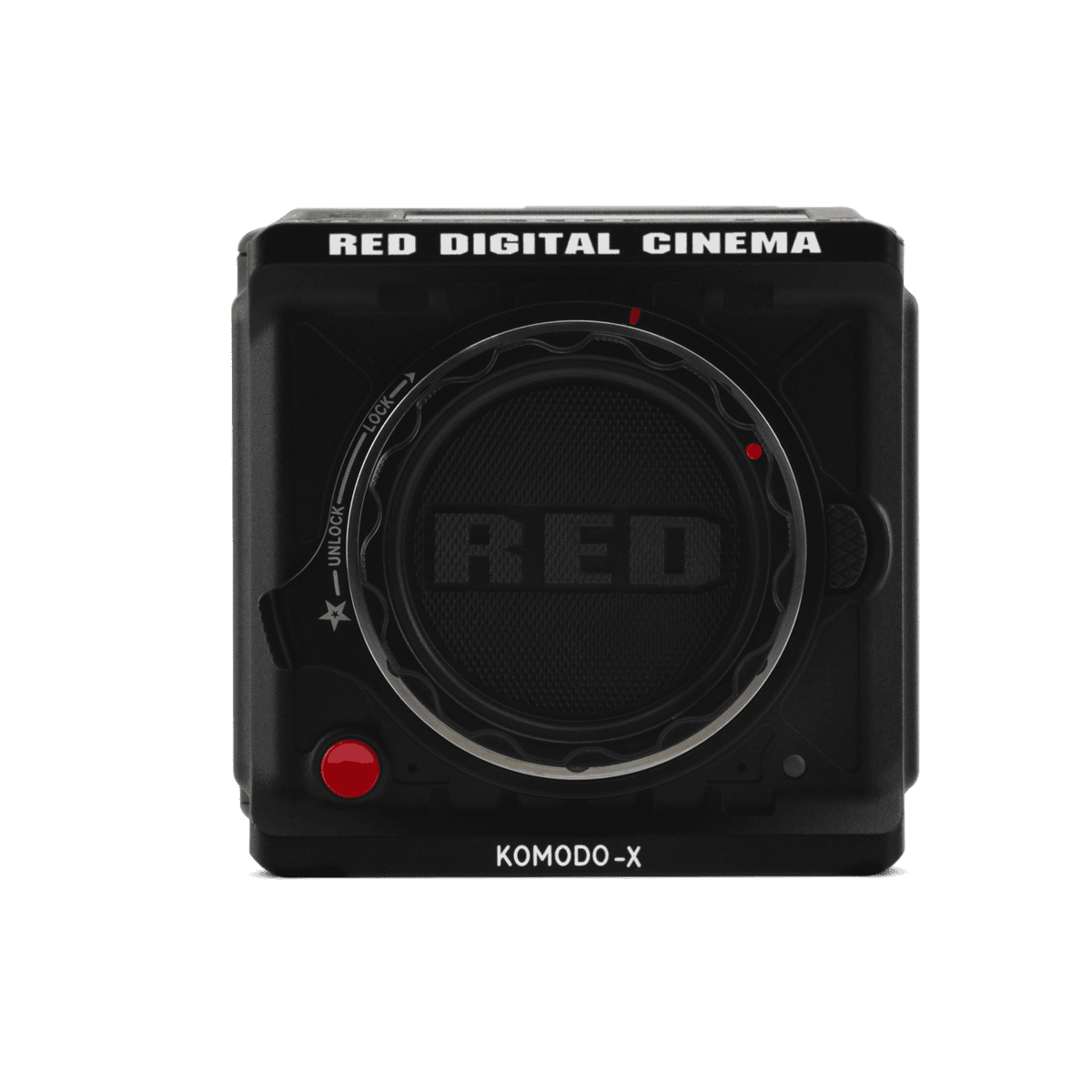 Red Komodo X digital cinema camera contrasts boldly with a black backdrop.