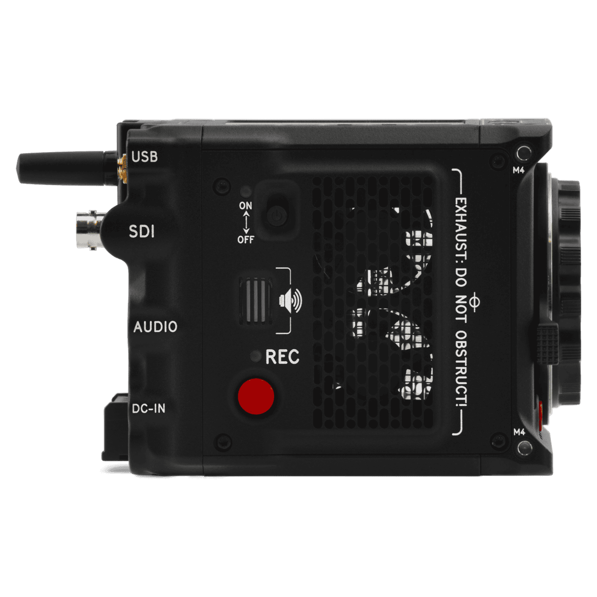 Red Komodo X digital cinema camera contrasts boldly with a black backdrop.