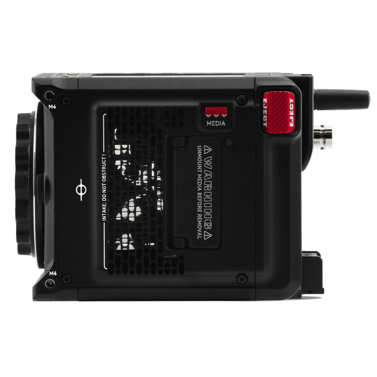 Red Komodo X digital cinema camera contrasts boldly with a black backdrop.