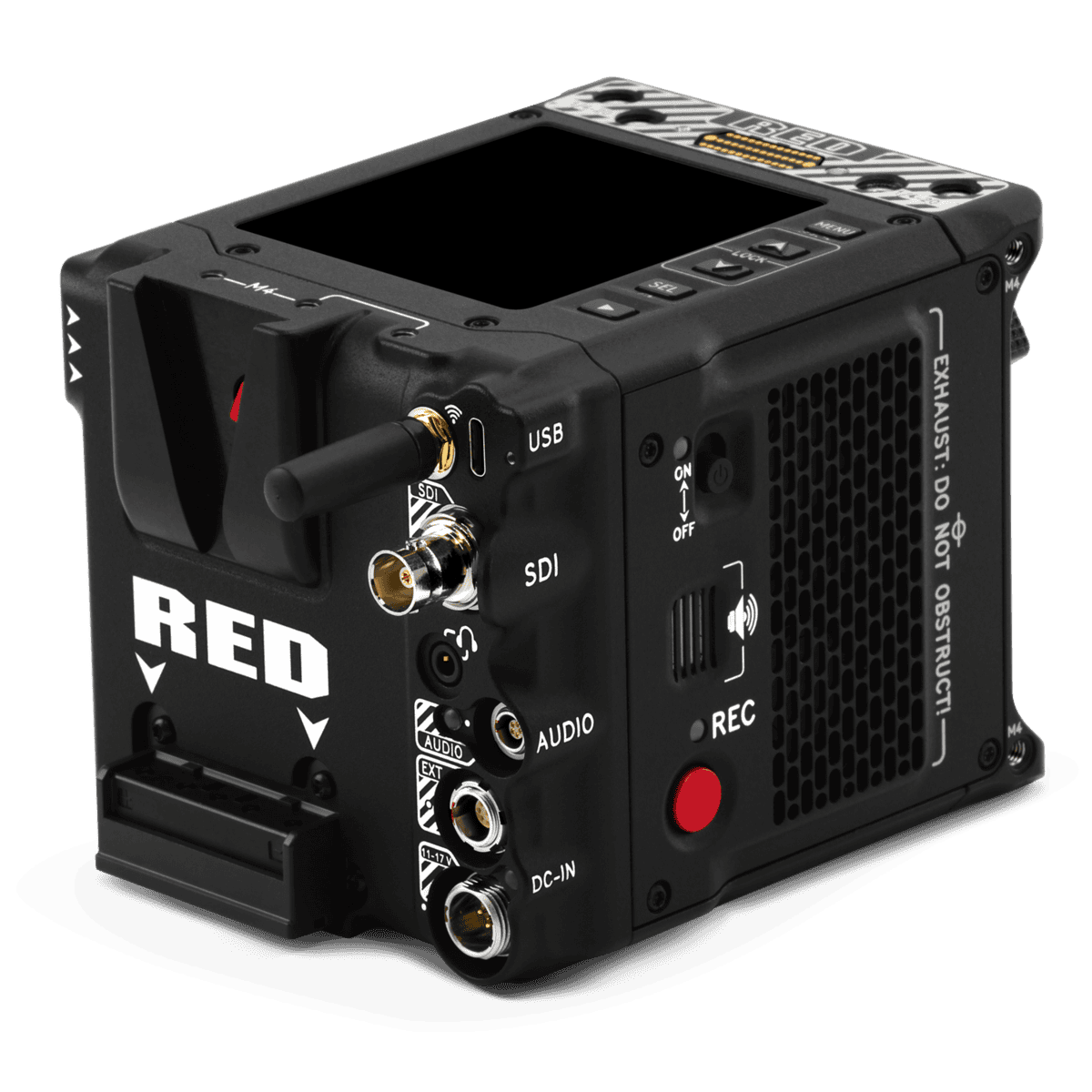 Red Komodo X digital cinema camera contrasts boldly with a black backdrop.
