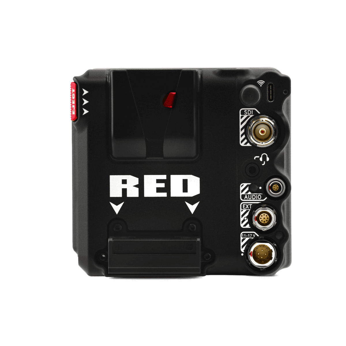 Red Komodo X digital cinema camera contrasts boldly with a black backdrop.