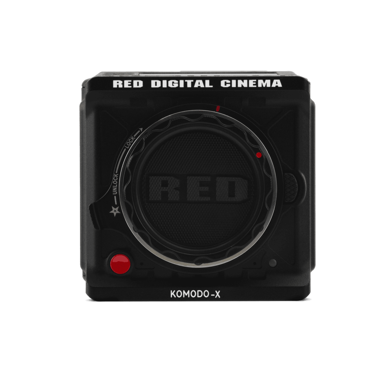  Red Komodo X digital cinema camera contrasts boldly with a black backdrop.