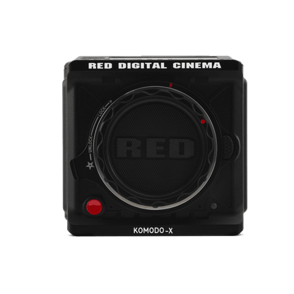  Red Komodo X digital cinema camera contrasts boldly with a black backdrop.