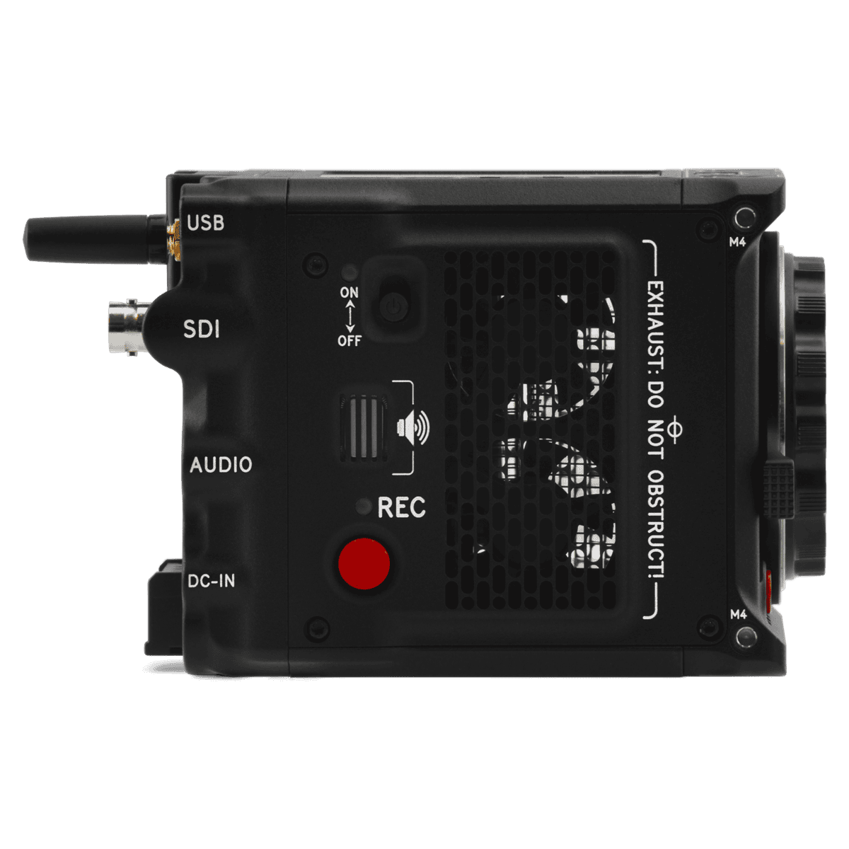  Red Komodo X digital cinema camera contrasts boldly with a black backdrop.