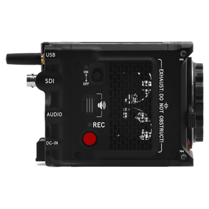  Red Komodo X digital cinema camera contrasts boldly with a black backdrop.