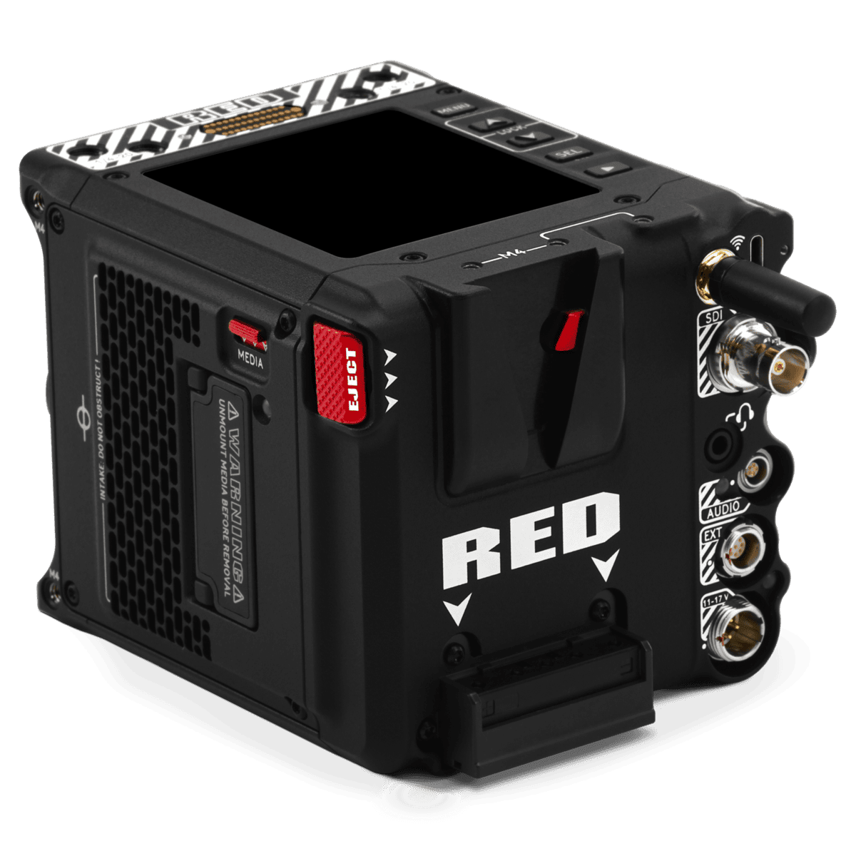  Red Komodo X digital cinema camera contrasts boldly with a black backdrop.