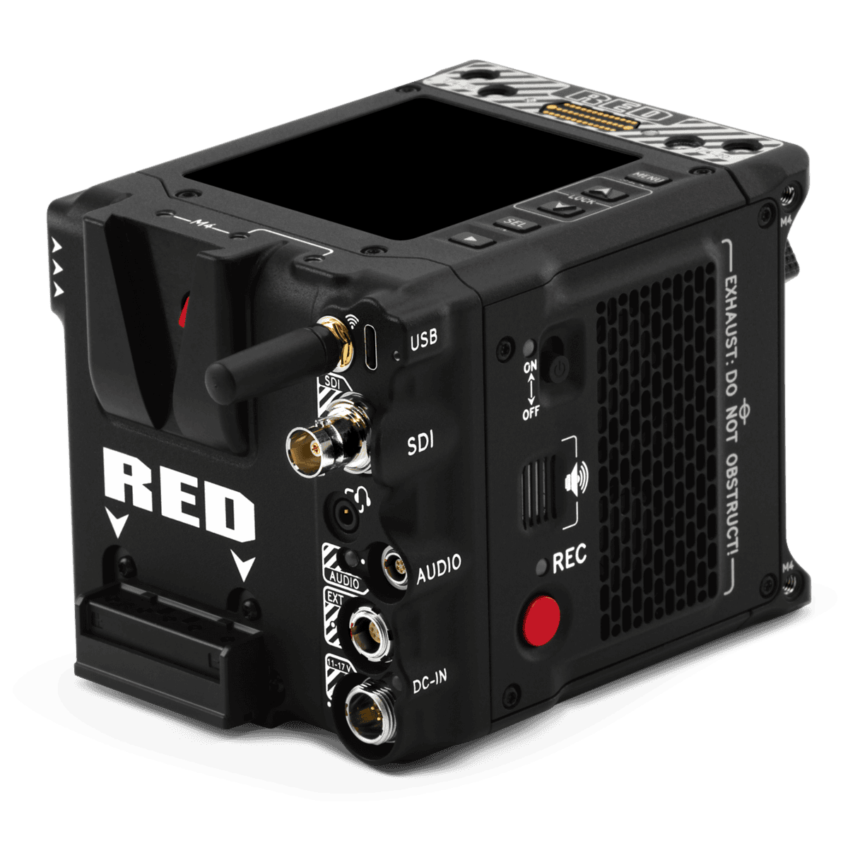  Red Komodo X digital cinema camera contrasts boldly with a black backdrop.