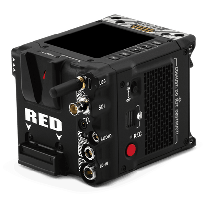  Red Komodo X digital cinema camera contrasts boldly with a black backdrop.