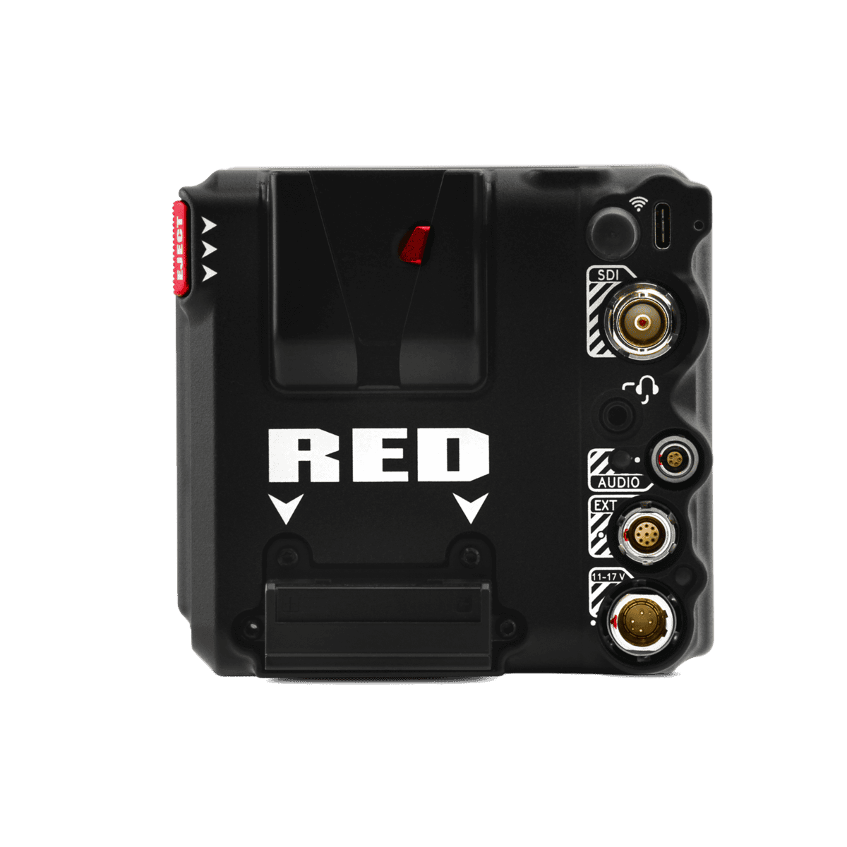  Red Komodo X digital cinema camera contrasts boldly with a black backdrop.