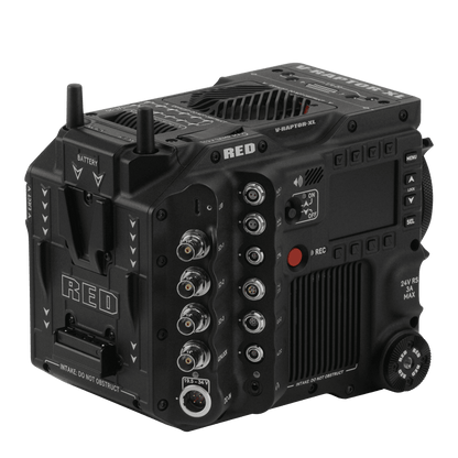 The RED V Raptor XL X 8K Camera resting on a tripod, colored red.