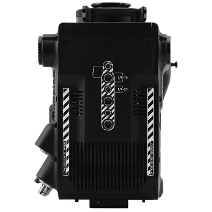 The RED V Raptor XL X 8K Camera resting on a tripod, colored red.